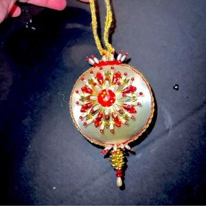Fine Vintage Beaded Sequins Satin Push Pin Christmas Ornament MCM Red Gold